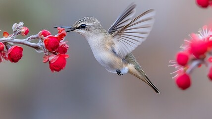 Fototapeta premium Hummingbird feeding on vibrant red blossoms