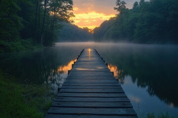 Wooden pier on misty lake at sunrise in forest