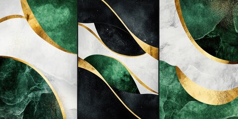 Abstract Emerald, Gold, and White Marble Triptych.