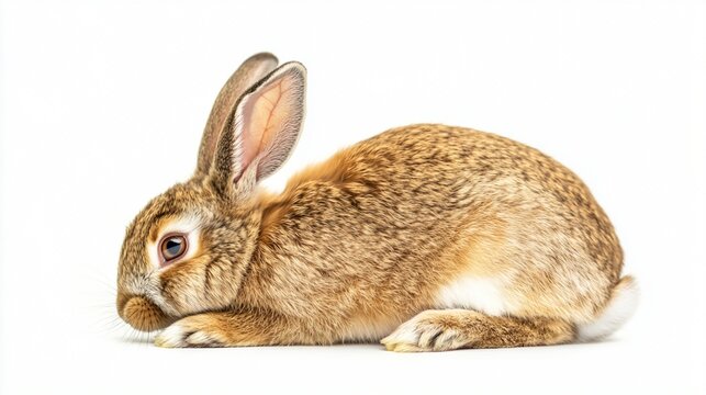 Soft-furred wild rabbit resting on white background, showcasing detailed fur texture and natural coloration of woodland creature in serene pose