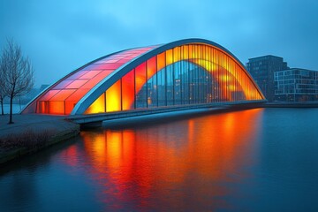 Obraz premium Illuminated rainbow bridge at dusk reflecting in canal with city backdrop