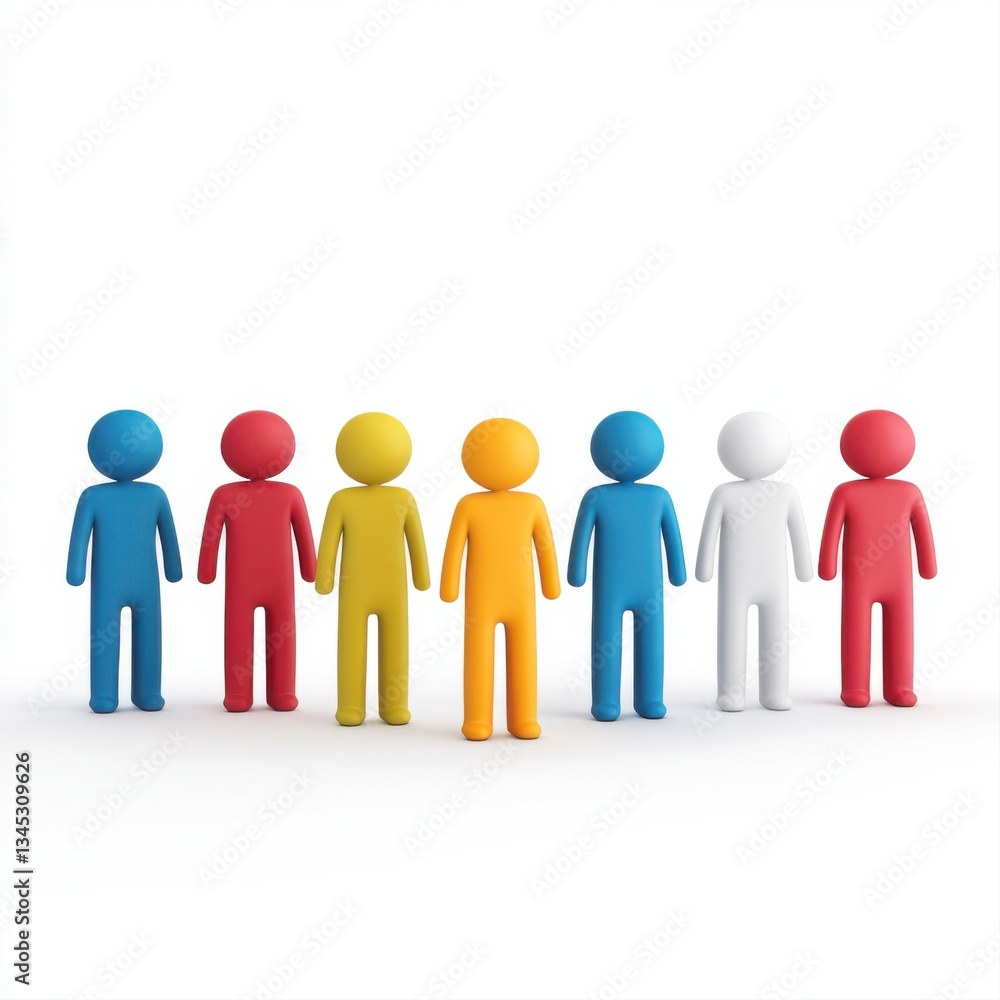 Poster colorful 3d character figures in a row on white background representing diversity and inclusivity in