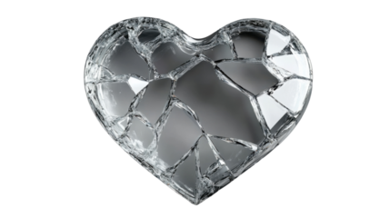 Broken heart of shattered glass reflecting sadness and loss on transparent background