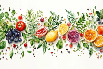 Watercolor painting of various fruits and herbs arranged together nicely