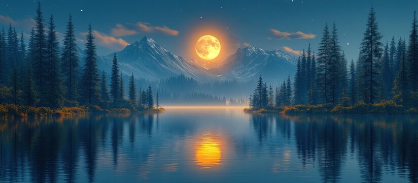 Moonrise over mountain lake with forest reflections at night