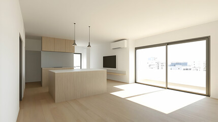 Fototapeta premium Bright Interior Of Open Plan Modern Kitchen And Living Space With Wooden Cabinets And Large Sliding Doors