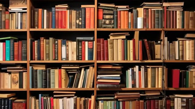 Video concept of a library shelf filled with colorful books, captured from a straight-on angle, showcasing a cozy and intellectual atmosphere. Live desktop wallpaper.