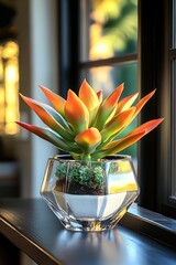 Vibrant succulent in a modern geometric planter by the window