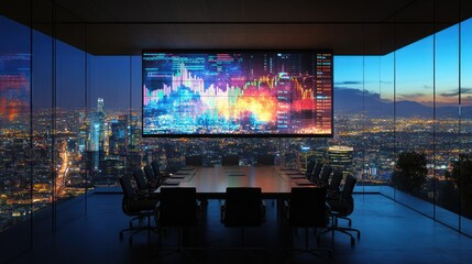 Cityscape Conference Room with Data Display