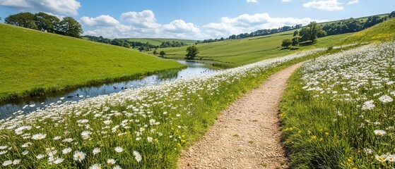 Idyllic path winds beside a stream through a sun-drenched meadow abundant with wildflowers