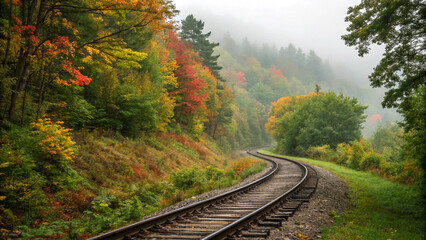 Fototapeta premium A misty autumn journey along a winding railway track through a vibrant forest of fiery reds and golden yellows, soft light and a tranquil atmosphere.