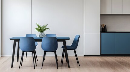 Modern Dining Room Interior Design Blue Chairs Table and Kitchen Cabinets
