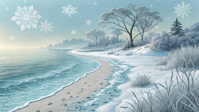 A serene winter beach scene with gentle waves lapping a snow-covered shore, delicate snowflakes falling softly in a tranquil, icy blue and white landscape.