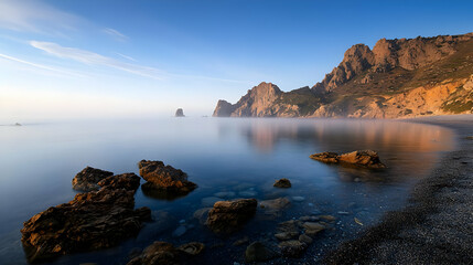 Coastal Landscape With Calm Ocean And Mountain Range Under Clear Blue Sky During Daytime