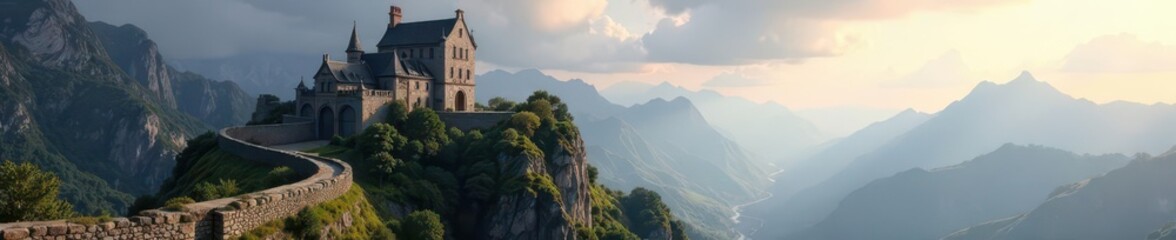 Fototapeta premium Ancient stone castle overlooking vast fantasy realm , mountains, epic, hill