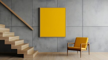 Modern Interior Design Yellow Artwork Wooden Staircase and Mustard Armchair against Concrete Wall