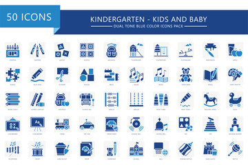 Kindergarten dual tone icons set. contain game, pencil, puzzle, seesaw, toy, ball, playground, book and more. best for UI, UX kit, web and app development. vector EPS 10, for education, kids and baby.
