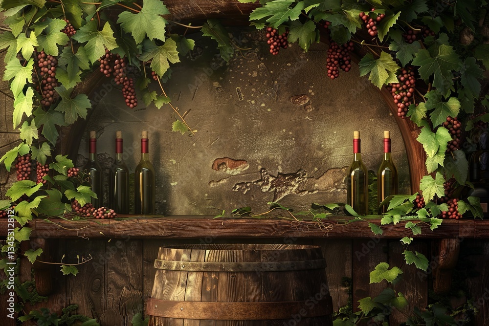 Poster Grape vines and wine bottles create a rustic atmosphere in a charming winery setting for wine lovers and tourists Generative AI