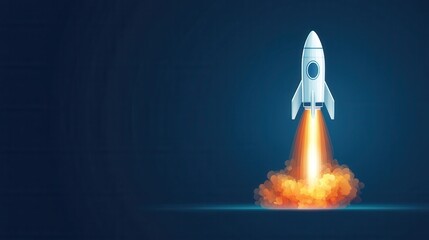 Rocket Launching Into Space with Bright Flames and Smoke on Dark Background for Futuristic Concept