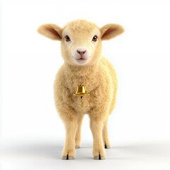 Fototapeta premium Cute Sheep with Fluffy Wool and Golden Bell on White Background