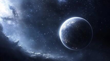 Fototapeta premium A celestial body, possibly a planet, is seen in the vast expanse of space, surrounded by stars and nebulae.