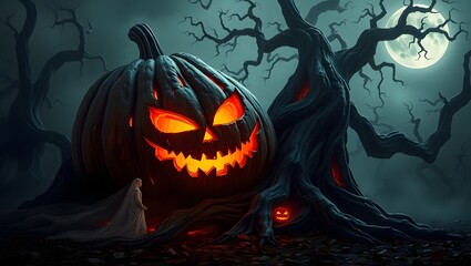 Ancient Cursed Jack-o&rsquo;-Lantern with Twisted Roots in a Haunted Forest