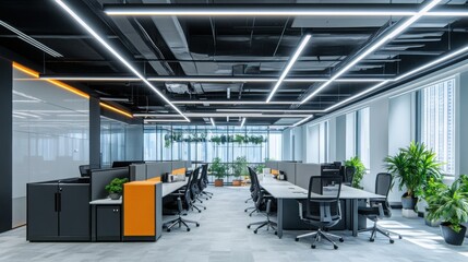 A stylish office ceiling with linear LED lights, suspended panels, and acoustic materials, providing both aesthetic appeal and functional sound control