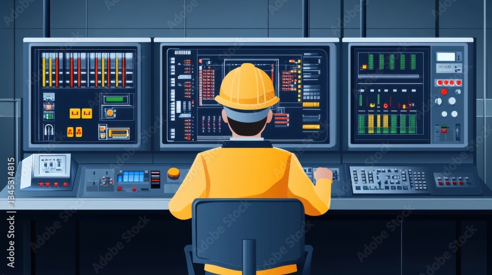 Poster control room operator manages high-tech monitoring systems in industrial environment