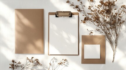 Brown stationery setup on a minimalist desk with natural elements
