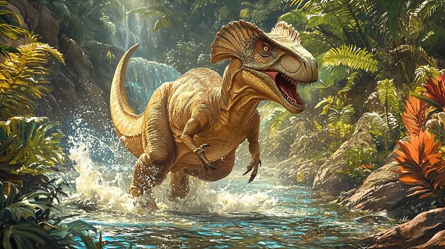Playful Parasaurolophus splashing in a prehistoric river surrounded by vibrant flora