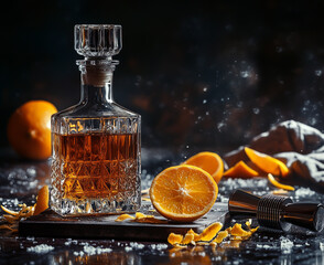 Product photography of an expensive whiskey bottle with orange zests and a shaver on the table, dark background.