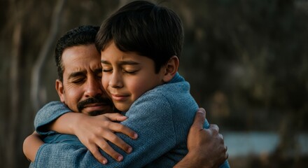 Fototapeta premium Emotional embrace between hispanic father and child outdoors