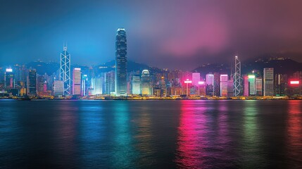 Fototapeta premium Vibrant Hong Kong Nightscape: A Dazzling Skyline Reflection