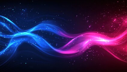 Obraz premium Abstract glowing blue and pink waves with particles on dark background.
