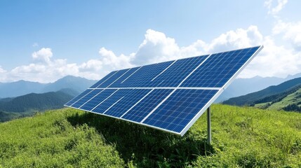 Solar panel on a grassy hilltop, under a partly cloudy sky