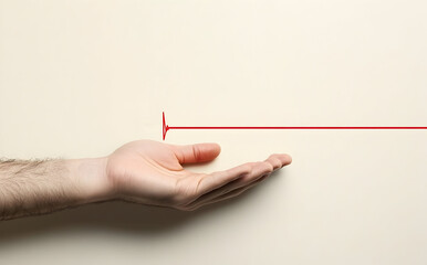 Human Hand Reaching Toward A Red Line On A Beige Background With Soft Lighting For Visual Art Inspiration and Design Inspiration Ideas in Minimalist Style and Abstract Concepts