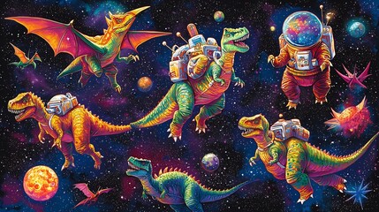 Playful set of dinosaurs as astronauts floating in space vibrant colors