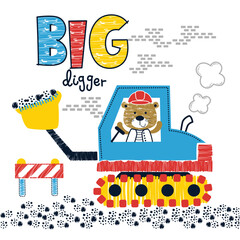 Cute cartoon bear operating a big digger machine on a construction site. Fun heavy equipment concept
