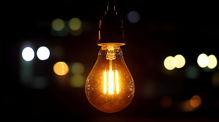 Close Up Of A Lit Lightbulb Hanging In Darkness With Blurred City Lights Creating A Warm Atmospheric Scene