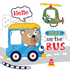 Cute cartoon bear riding a colorful bus with a helicopter flying overhead. Fun transportation concept
