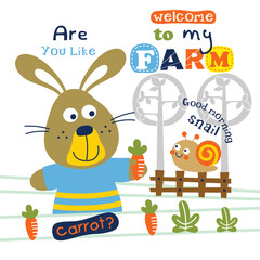 Cute cartoon rabbit offering a carrot to a snail on a farm with wind turbines in the background. Farm life concept
