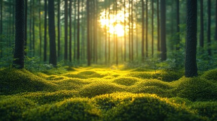 Obraz premium Sunlit forest path through moss-covered woodland