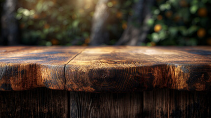 Rustic Wooden Table Surrounded by Nature with Sunlight Filtering Through the Trees