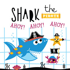 Cute cartoon pirate shark with starfish and crab wearing pirate hats underwater. Fun ocean adventure concept
