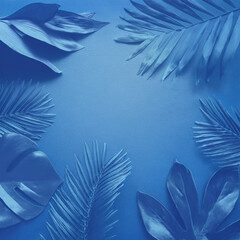 Monochromatic Blue Tropical Leaves on Textured Background Generated Image
