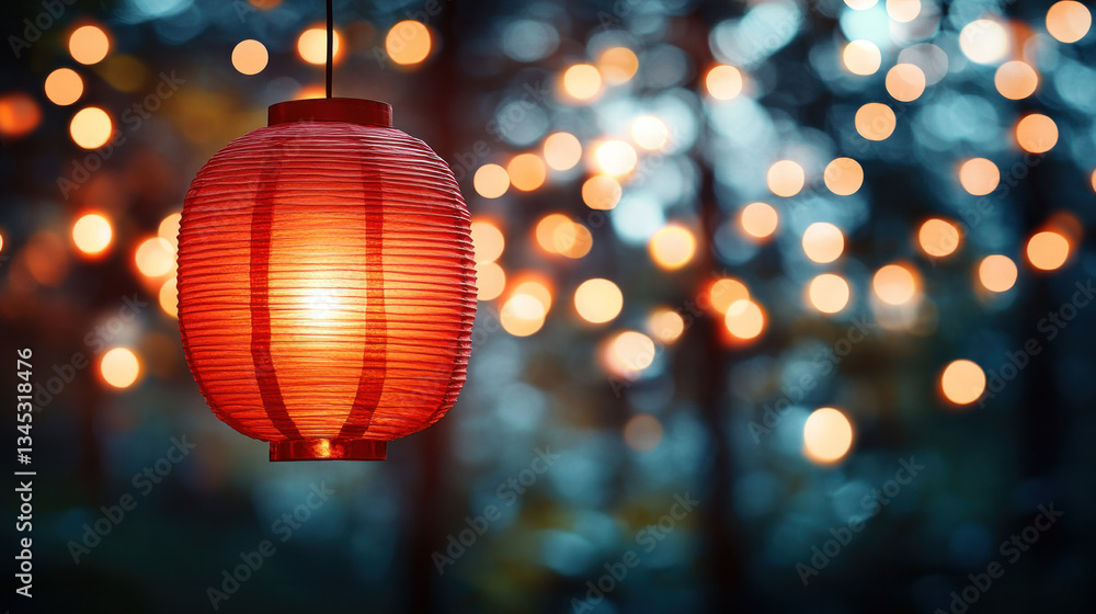 Poster a red lantern hanging from a tree in the woods. the lantern is lit up and the surrounding area is li