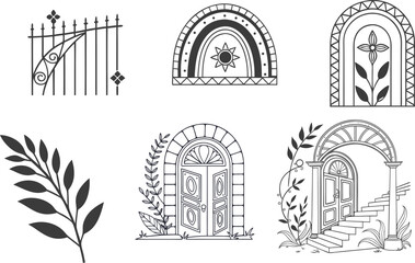 Vector set of design elements and illustrations in simple linear style - boho arch and border logo design elements and frames for social media stories and posts