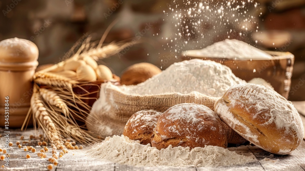 Aufkleber explore the art of bread making with flour and dough in a traditional kitchen setting generative ai