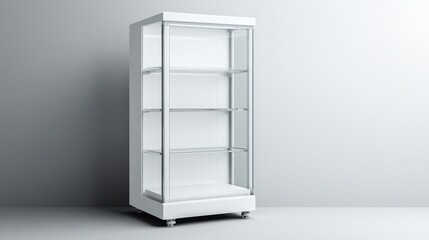 Modern glass display cabinet for retail use showcasing various products in a clean white background