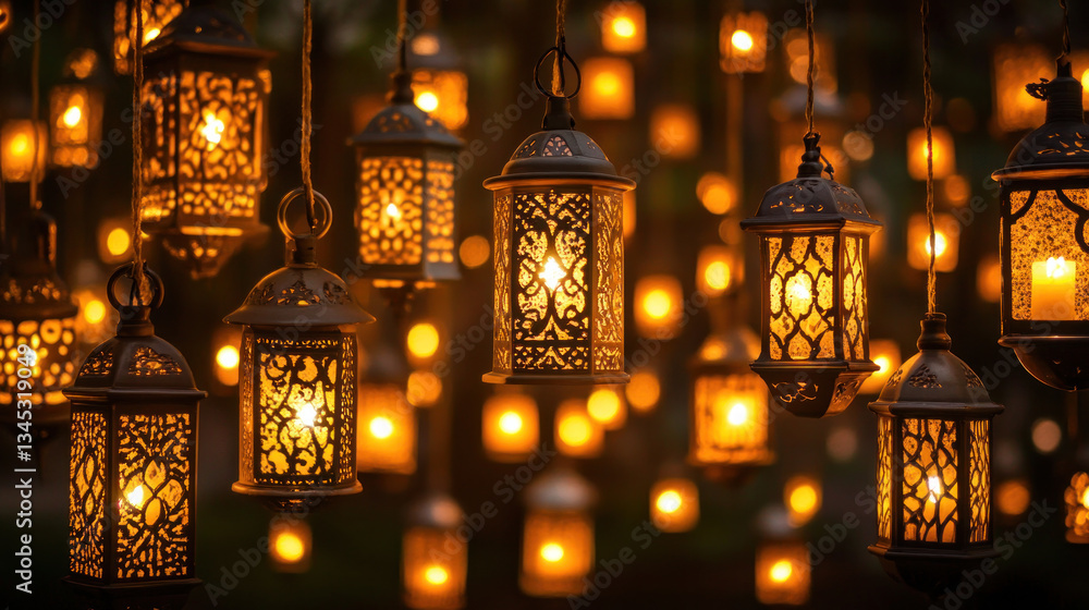 Poster a bunch of lanterns hanging from the ceiling, each with a light inside. the lanterns are all differe
